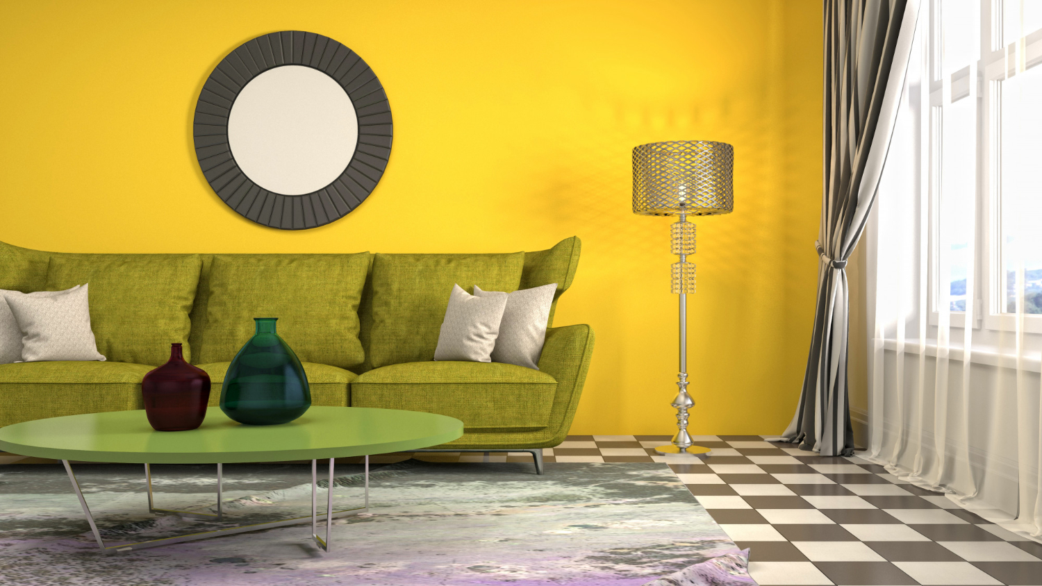 un salon très coloré en vert et jaune